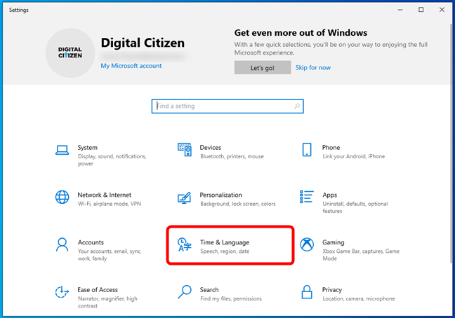 Đi tới Thời gian & Ngôn ngữ trong Cài đặt của Windows 10