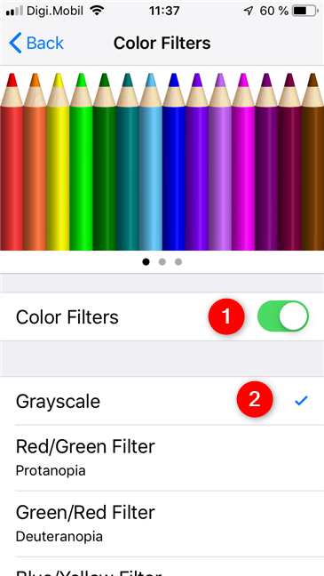 Habilitación del filtro de color en escala de grises en un iPhone