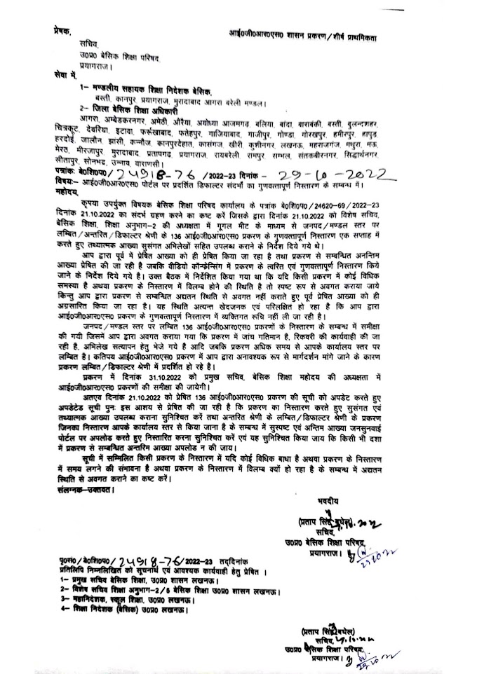 आई०जी०आर०एस० पोर्टल पर प्रदर्शित डिफाल्टर संदभों का गुणवत्तापूर्ण निस्तारण के सम्बन्ध में।