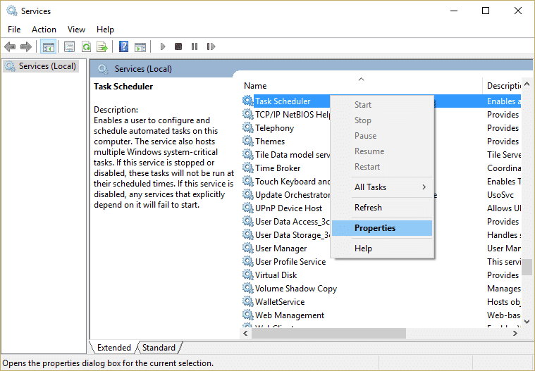 Haga clic con el botón derecho en el servicio Programador de tareas y seleccione Propiedades