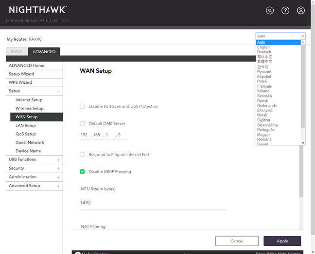 Cambio de idioma en el NETGEAR Nighthawk AX4