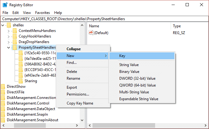 Щелкните правой кнопкой мыши PropertySheetHandlers, затем выберите «Создать» и выберите «Ключ».