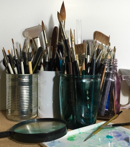 Artist Paint Brushes in White Bucket of Water, Acrylic Colour in