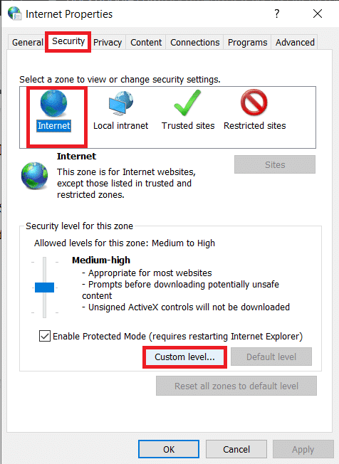 สลับไปที่แท็บ Security และคลิกที่ปุ่ม Custom level…