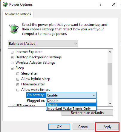 절전 아래에서 깨우기 타이머 허용으로 이동하고 드롭다운에서 활성화를 클릭합니다.  적용 버튼을 클릭하여 변경 사항을 저장합니다.
