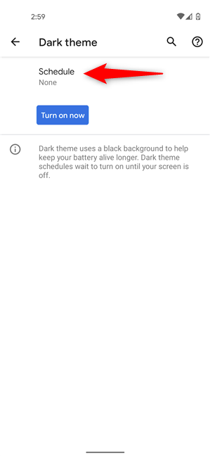 Pianifica quando il tema scuro inizia su Android stock