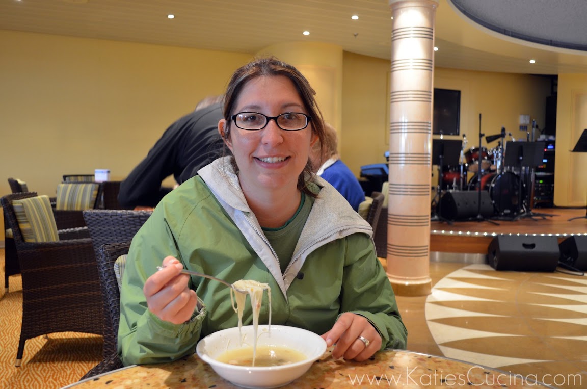 Katie eating Chicken Noodle Soup on the Breeze