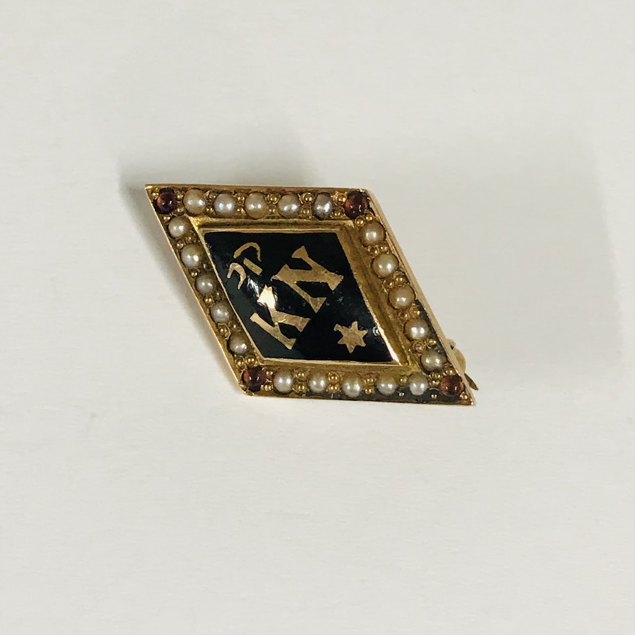 14K Gold, Pearl and Red Stone Greek Pin