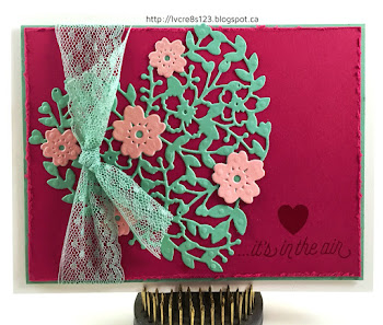 Linda Vich Creates: The Sky Really Is The Limit! Mint Macaron Bloomin' Heart die cut with Blushing Bride flowers dresses up a distressed Rose Red matte in this delightful Valentine card.