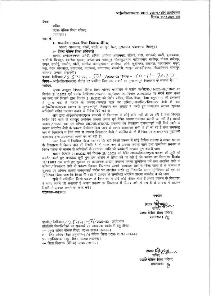 आई०जी०आर०एस० पोर्टल पर प्रदर्शित डिफाल्टर संदर्भों का गुणवत्तापूर्ण निस्तारण के सम्बन्ध में।