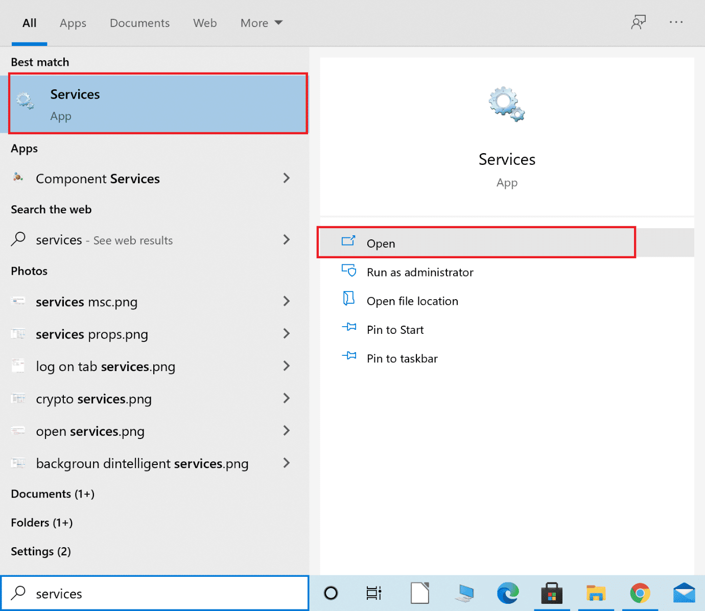 Avvia l'app Servizi dalla ricerca di Windows