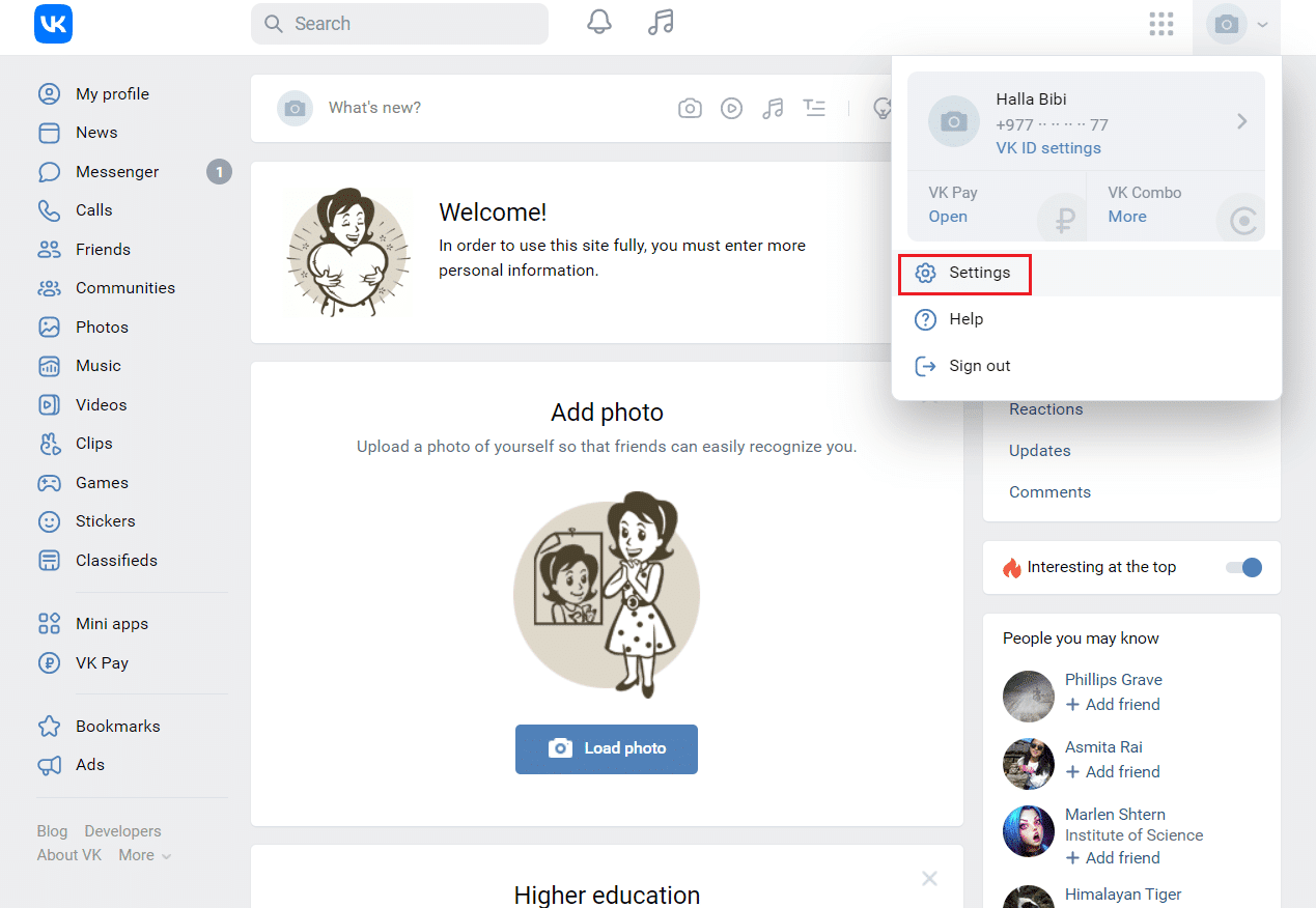 fare clic sull'opzione Impostazioni nel sito Web di VKontakte