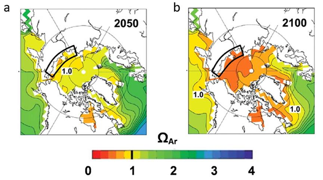 Predicted levels of aragonite saturation (ΩAr) in different areas of the Arctic Ocean. a) In 2050; b) in 2100 (S3). Area of the East Siberian Arctic Shelf (ESAS) marked by a black rectangle. Graphic: Semiletov, et al., 2016 / Nature Geoscience