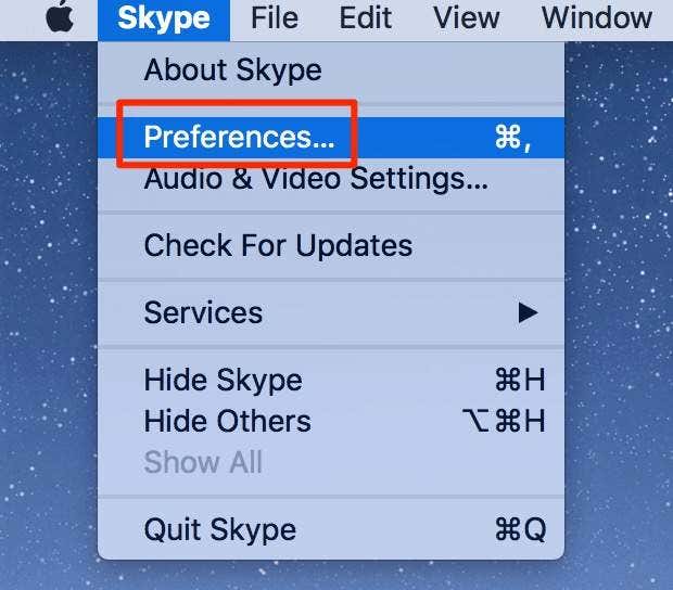 Skype > เมนูการตั้งค่า