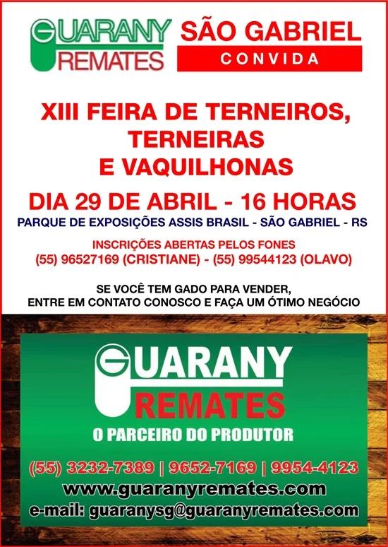 29-04-2016 13ª Feira de Terneiros, Terneiras e Vaquilhonas - Guarany Remates