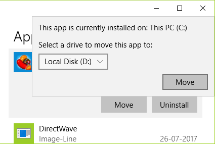 จากหน้าต่างป๊อปอัป ให้เลือกไดรฟ์จากเมนูแบบเลื่อนลงที่คุณต้องการย้ายแอปพลิเคชันนี้ แล้วคลิก ย้าย
