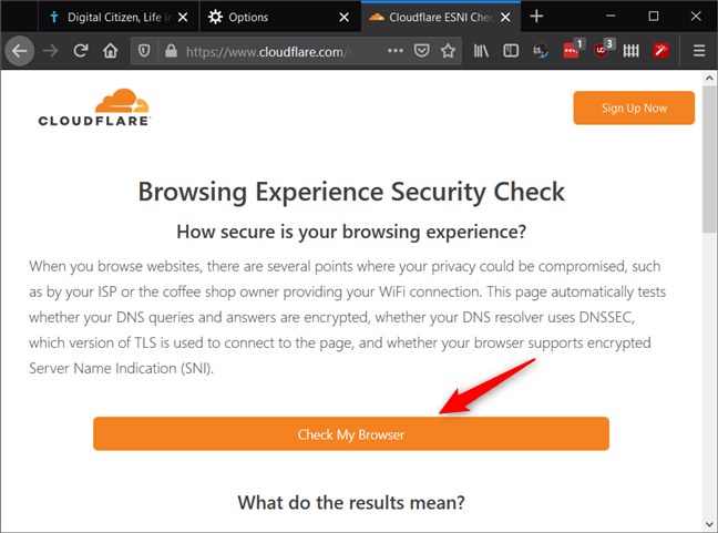 Page Web de contrôle de sécurité de Cloudflare Browsing Experience