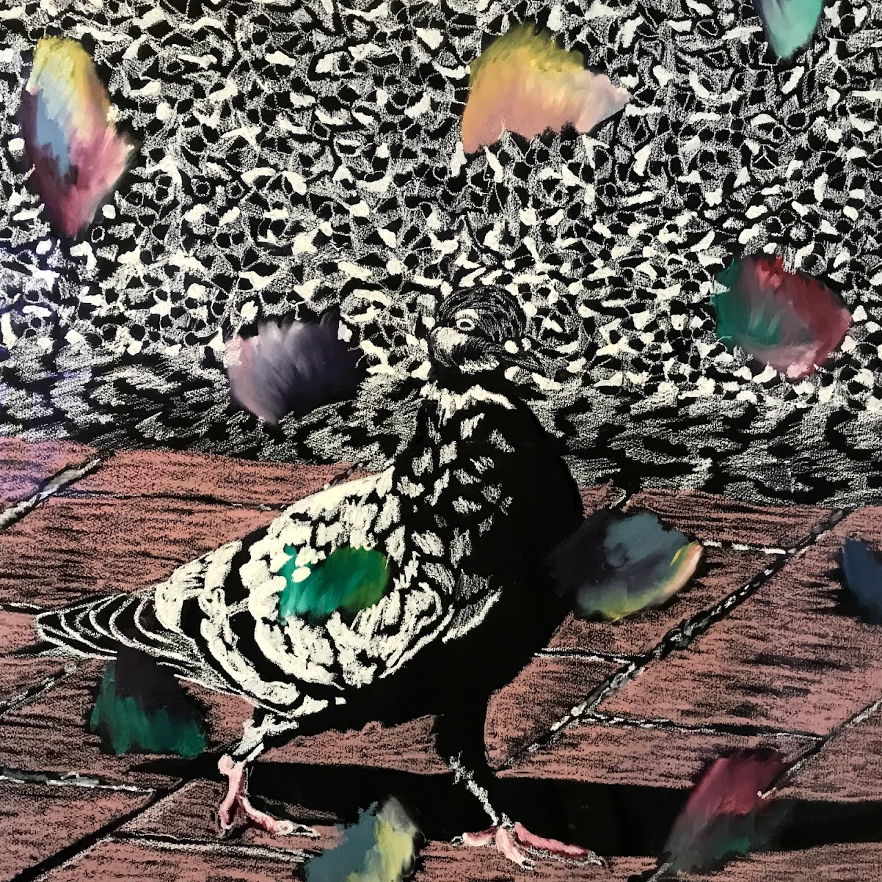 Barbara Siegel's "Pigeon on the Street with Feathers" Mixed Media