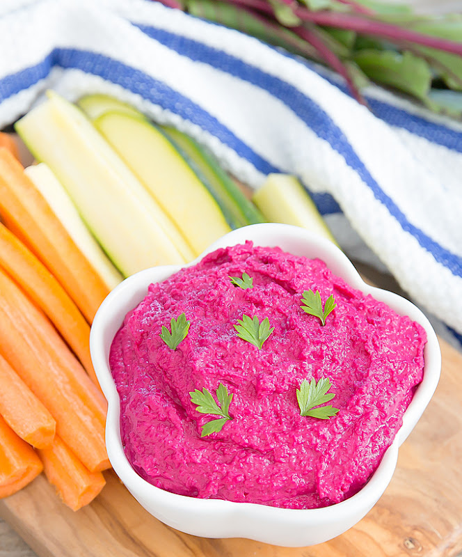 close-up photo of a bowl of Beet Hummus