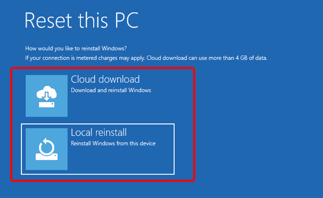 Choisissez entre le téléchargement Cloud ou la réinstallation locale