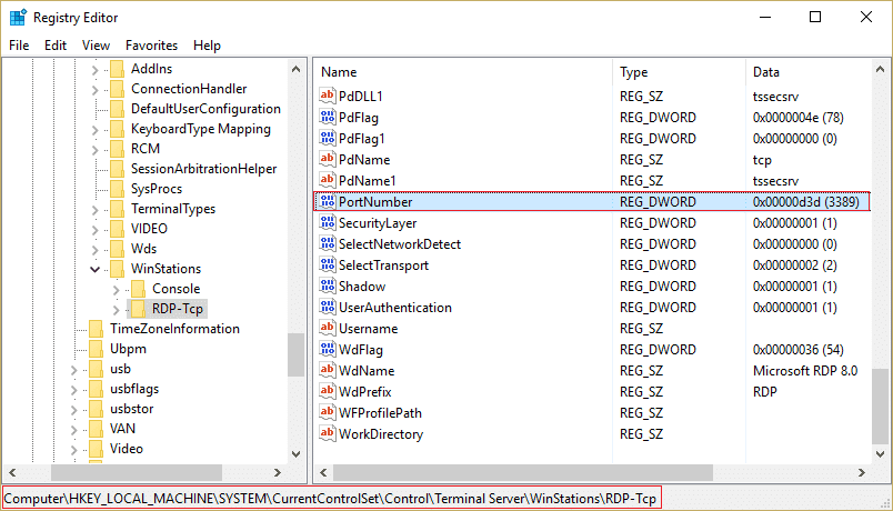 リモートデスクトップのリスニングポートを変更するには、RDP tcpに移動し、[ポート番号]を選択します