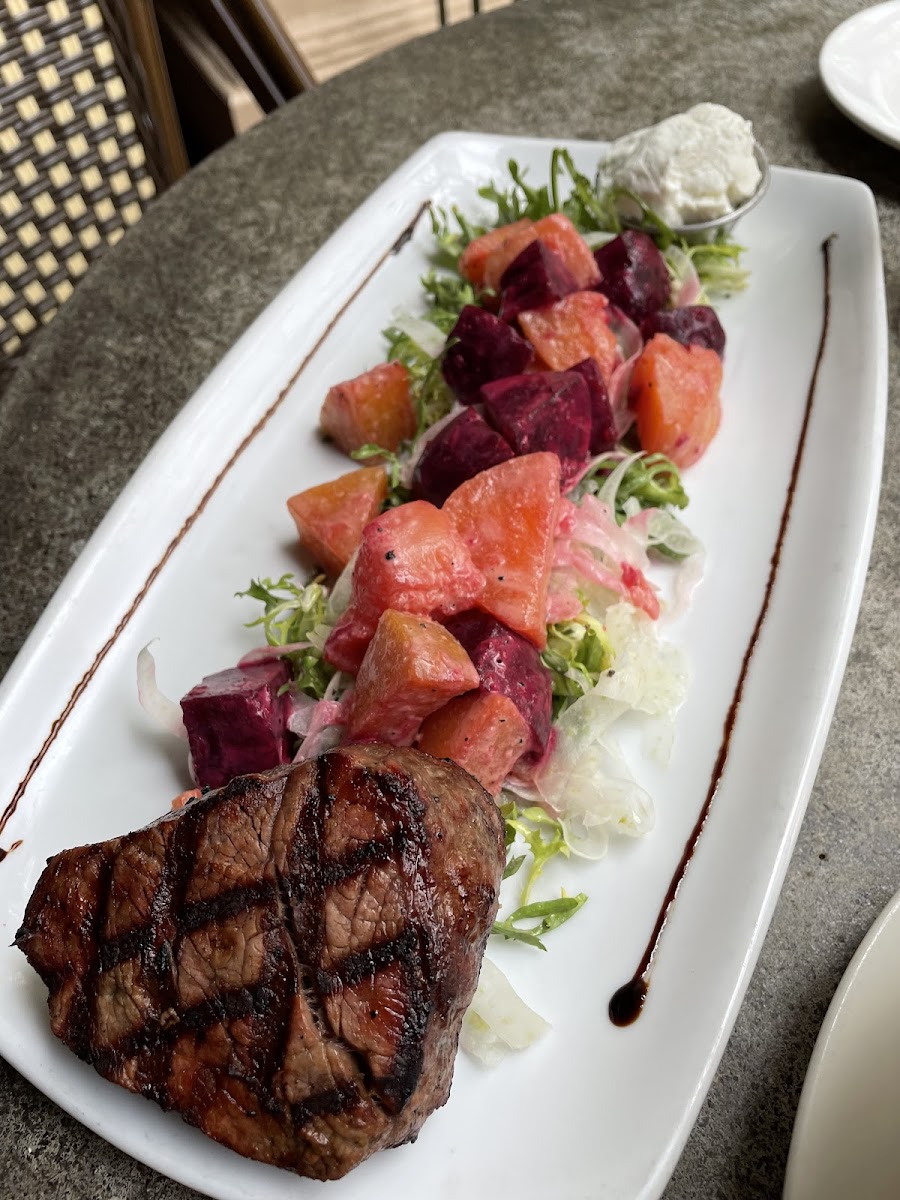 Beet salad (goat cheese on the side as I am DF), and filet mignon