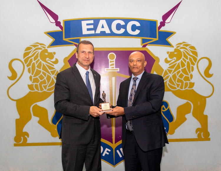 EACC CEO Twalib Mbarak and the FBI assistant director International Operations Division, Washington Raymond Duda at the Integrity Centre on November 11.