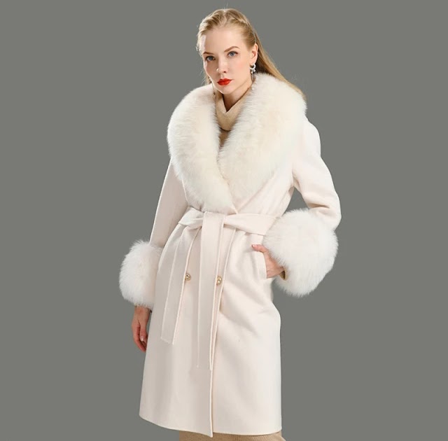 Wool Coat Women Pied De Poule Natural Fox Fur Collar Cashmere Wool ...