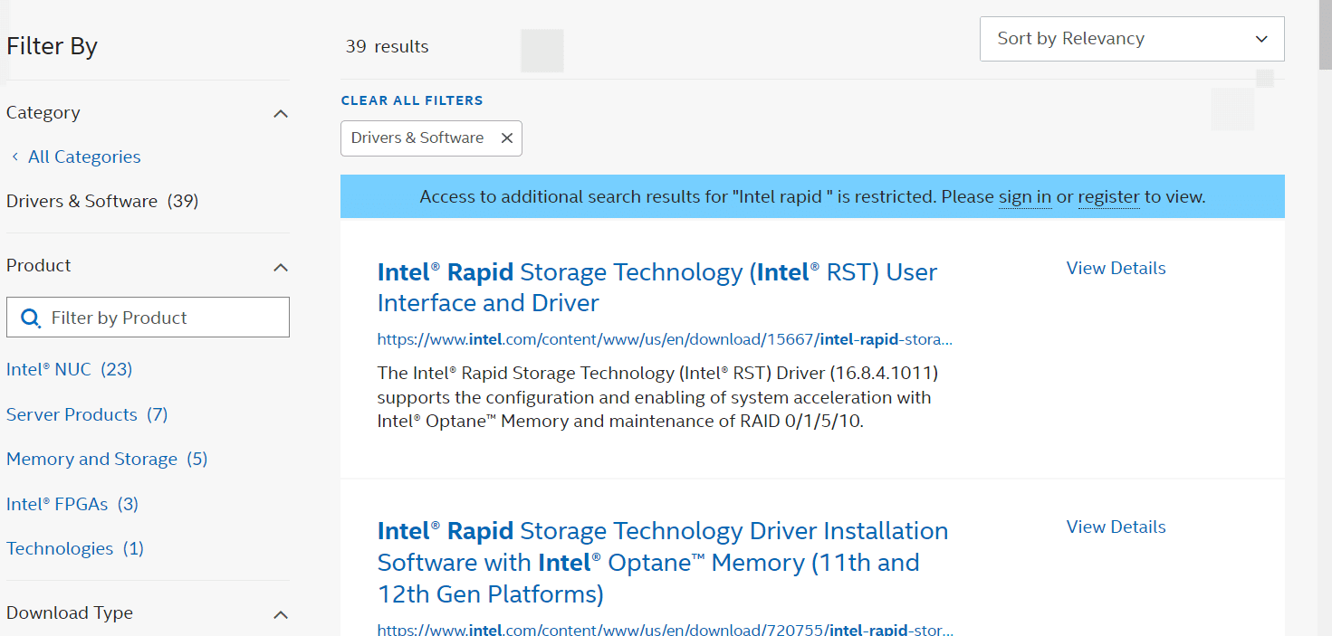 Vaya al sitio web de descarga de controladores RST y descargue los controladores correctos y más recientes.  Cómo arreglar el servicio Intel RST no se ejecuta en Windows 10