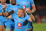 Adriaan Strauss of Bulls celebrates a try with teammates during the Super Rugby match between Bulls and Stormers on 31 March 2018 at Loftus Versfeld Stadium