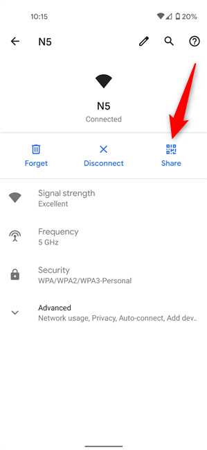 Presione Compartir para ver la contraseña de Wi-Fi en Android