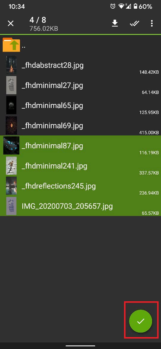 После выбора всех файлов нажмите на зеленую галочку в правом нижнем углу экрана, чтобы успешно создать заархивированный файл.