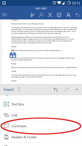 Android, Microsoft Word, เอกสาร, แทรก, กล่องข้อความ, ลิงค์, ความคิดเห็น