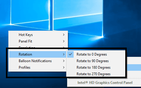 Možnost otočení obrazovky můžete získat přímo z ikony na hlavním panelu v Nastavení grafiky Intel