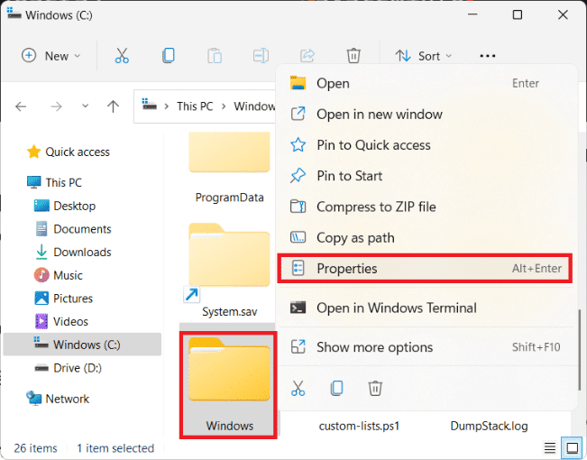 faites un clic droit sur le dossier Windows et sélectionnez Propriétés Windows 11