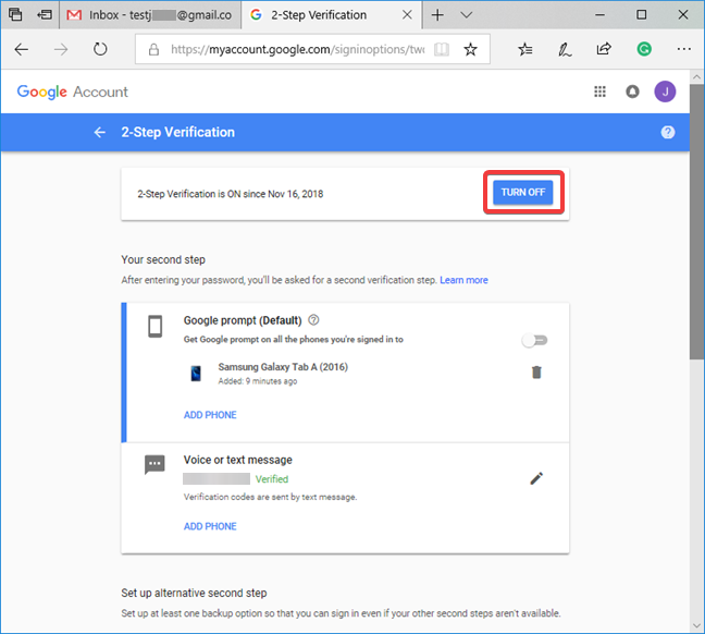 Disattiva la verifica in due passaggi per il tuo account Google