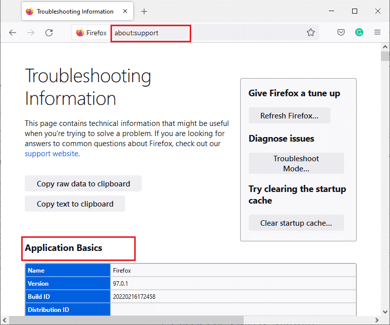 Firefox를 열고 주소 표시줄에 지원 정보를 입력합니다.  그러면 응용 프로그램 기본 사항 테이블이 열립니다.  Firefox가 응답하지 않는 문제 수정