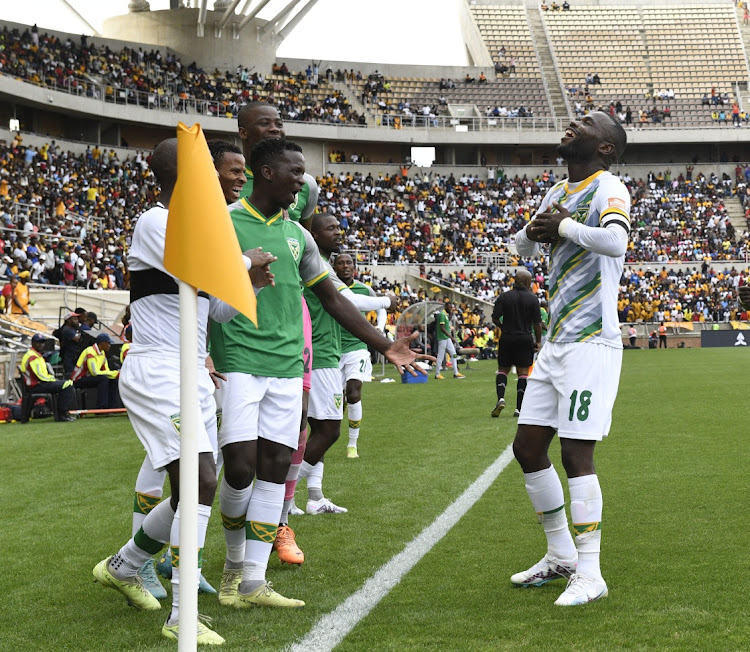 Knox Mutizwa of Golden Arrows celebrates goal during DStv Premiership 2022/23 match between Kaizer Chiefs and Golden Arrows on the 19 February 2022 at Peter Mokaba Stadium.