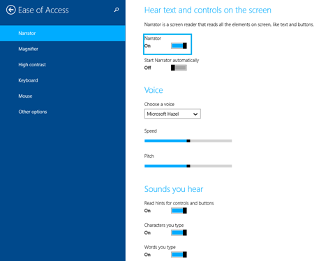 Windows 8.1, Narrador, Configuración de PC, dispositivos táctiles