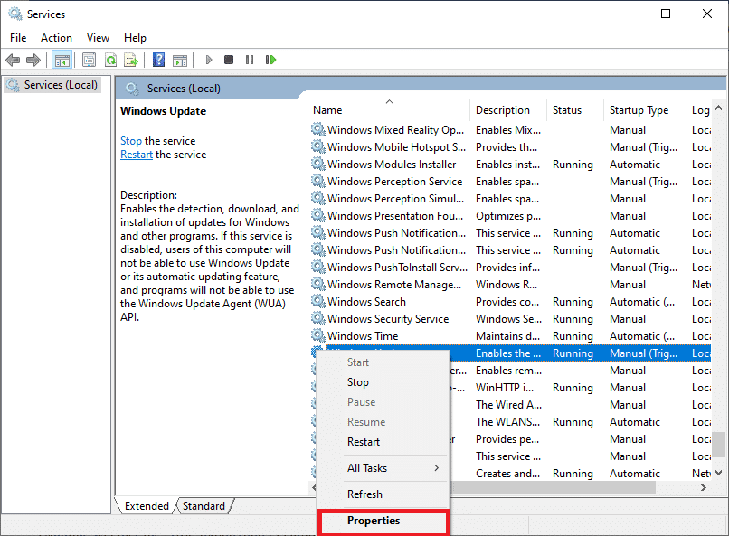 haga clic con el botón derecho en el servicio de actualización de Windows y seleccione Propiedades.