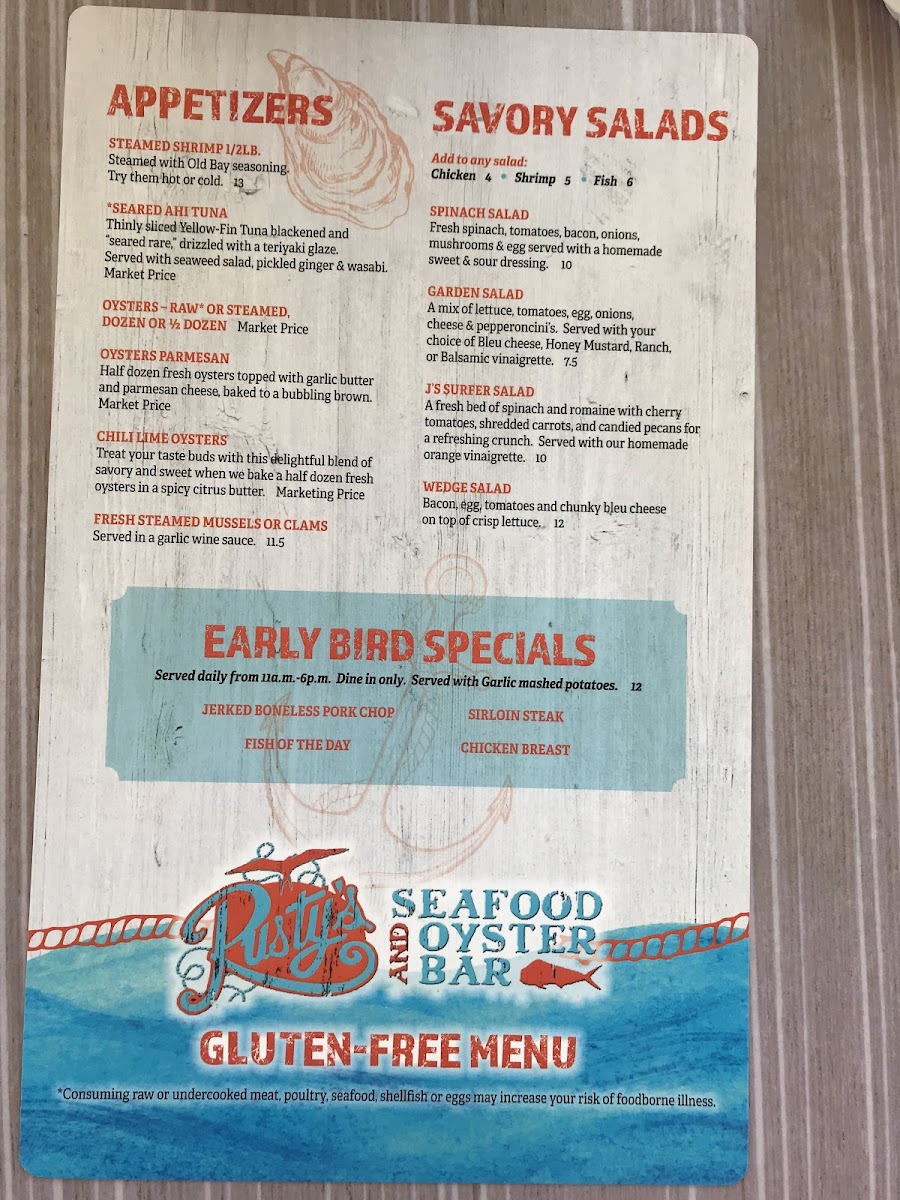 Rusty's Seafood and Oyster Bar gluten-free menu