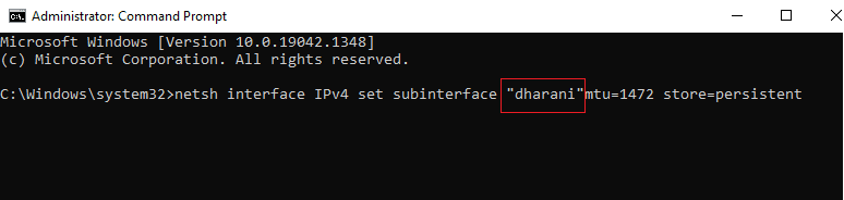 ingrese el siguiente comando en el símbolo del sistema netsh interface IPv4 set subinterface your network name mtu=1472 store=persistent