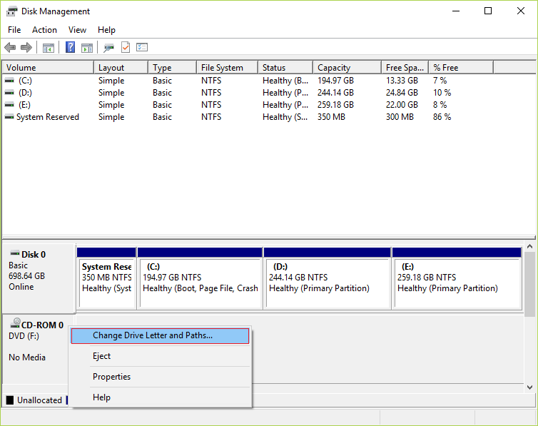 คลิกขวาที่ CD หรือ DVD ROM ใน Disk Management แล้วเลือก Change Drive Letter and Paths