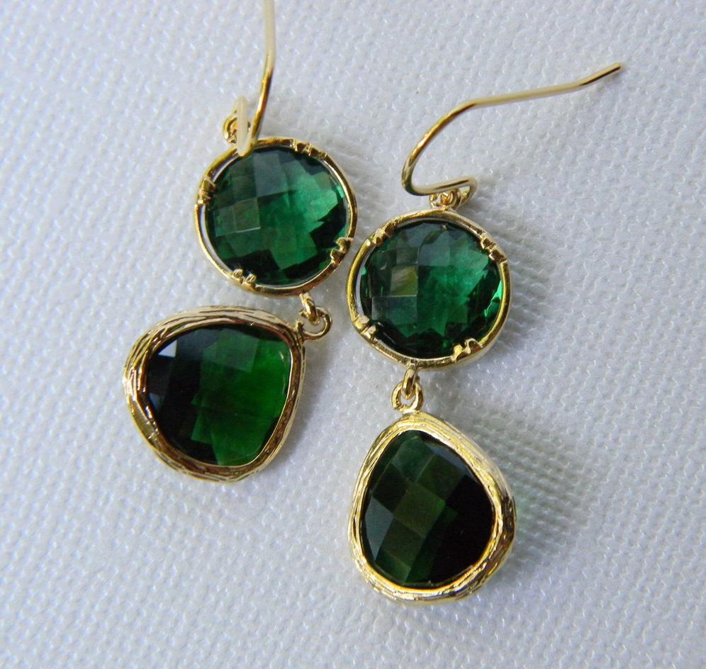 Bohemian Bridesmaid Emerald Green Earrings - Gold - Czech Glass - Bridal