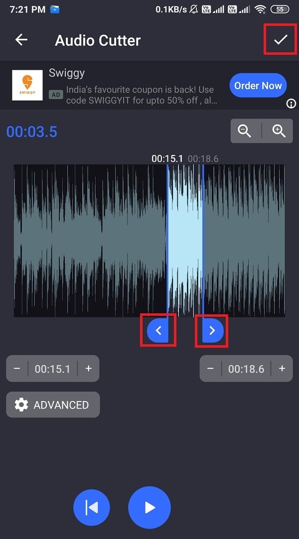 Arrastre los palos azules para recortar su archivo de audio MP3 y haga clic en el ícono Verificar