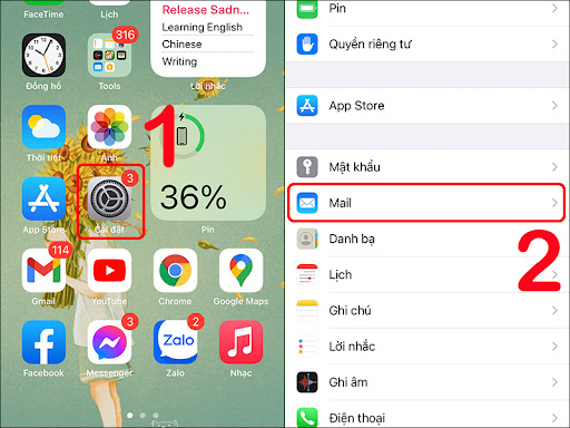Chọn Mail trong Cài đặt