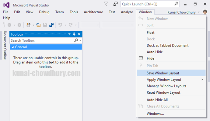 Visual Studio 2015 Tips & Tricks - How to save a Visual Studio layout (www.kunal-chowdhury.com)