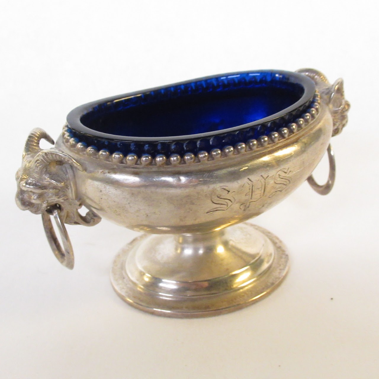 Sterling Silver & Cobalt Glass Ram's Head Salt Cellar Pair