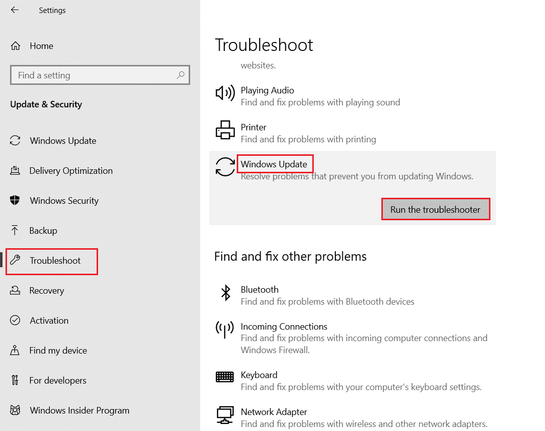 haga clic en Windows Update y seleccione la opción Solucionar problemas en la configuración de Windows