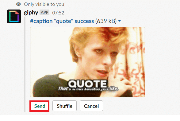 Вы можете найти случайный GIF.  Нажмите «Отправить», чтобы отправить GIF.  Как отправлять GIF в Slack